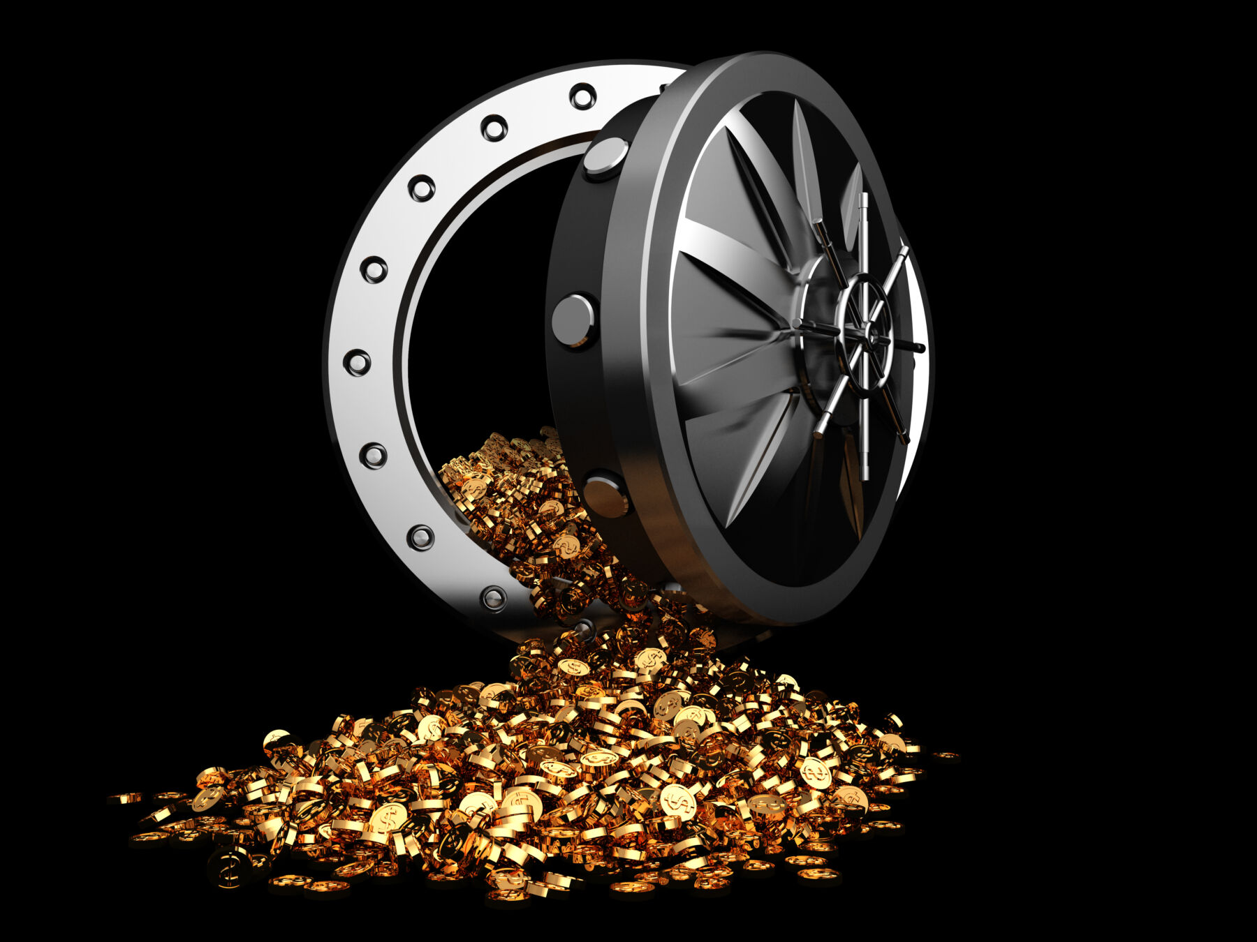 treasure 3d illustration of vault door and golden coins